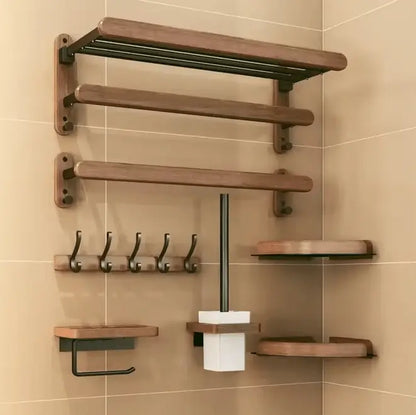 SaniSupreme Badkamer handdoek rek walnoot dubbel, inklapbaar mat zwart rond 60 cm.