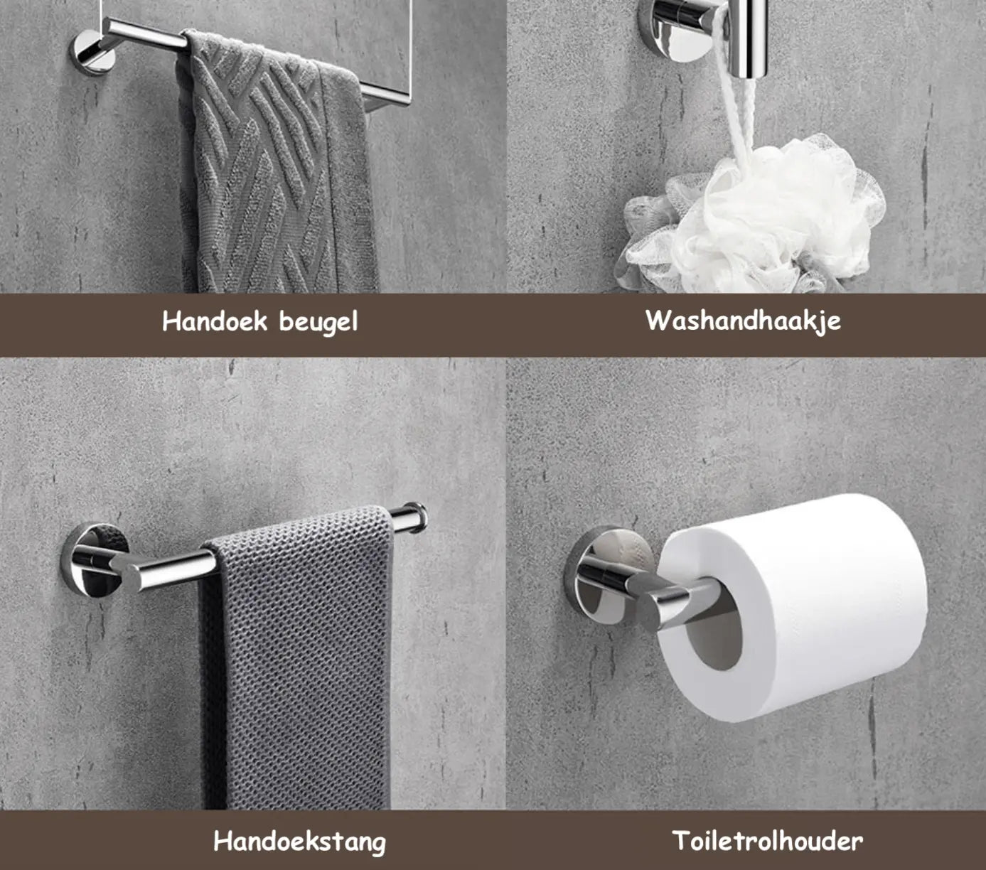 SaniSupreme Badkamerset 4 stuks Brasil: handdoekrek, handdoekbeugel,handoekhaak en toiletrolhouder, Chroom Glans