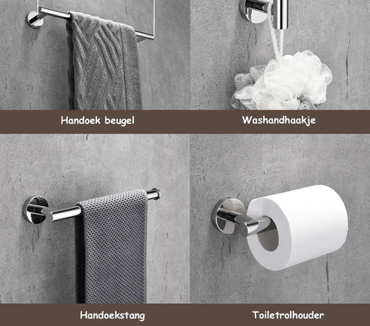 SaniSupreme Badkamerset 4 stuks Brasil: handdoekrek, handdoekbeugel,handoekhaak en toiletrolhouder, Chroom Glans