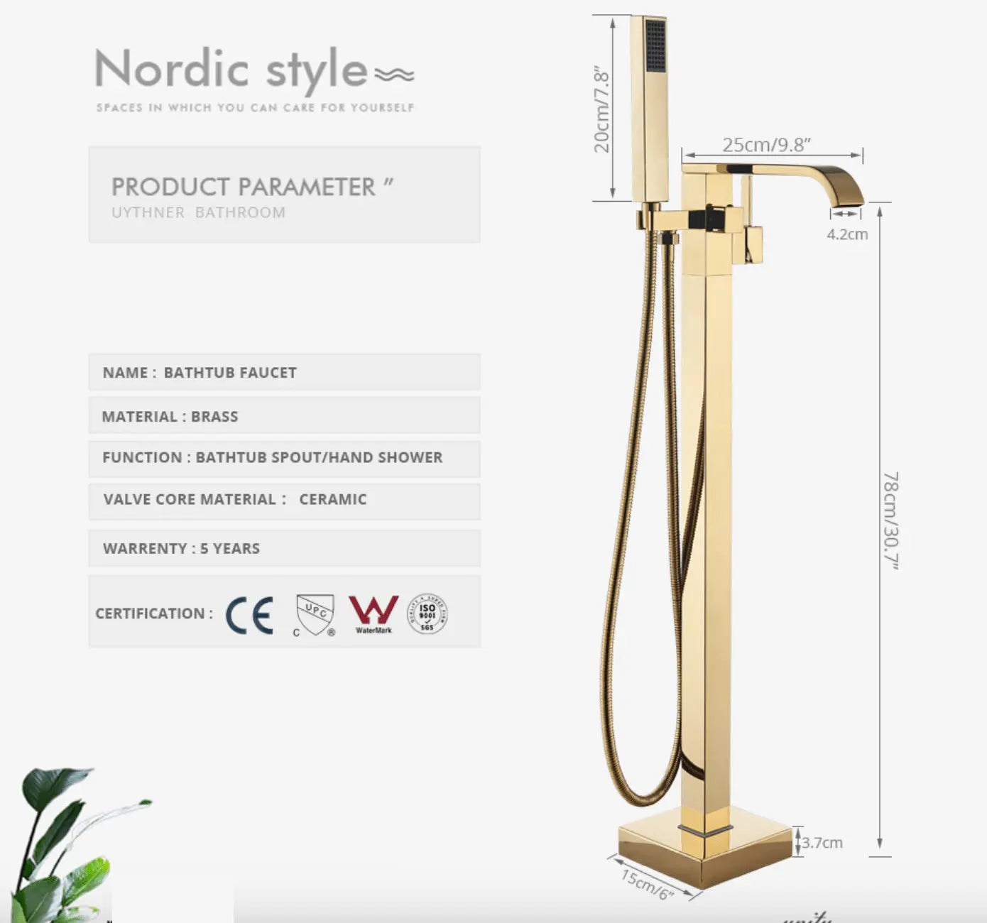 SaniSupreme® Badkraan Bocchi vrijstaand model met handdouche goud glans