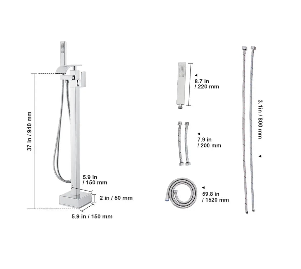 SaniSupreme® Badkraan Luca vrijstaand model met handdouche chroom glans