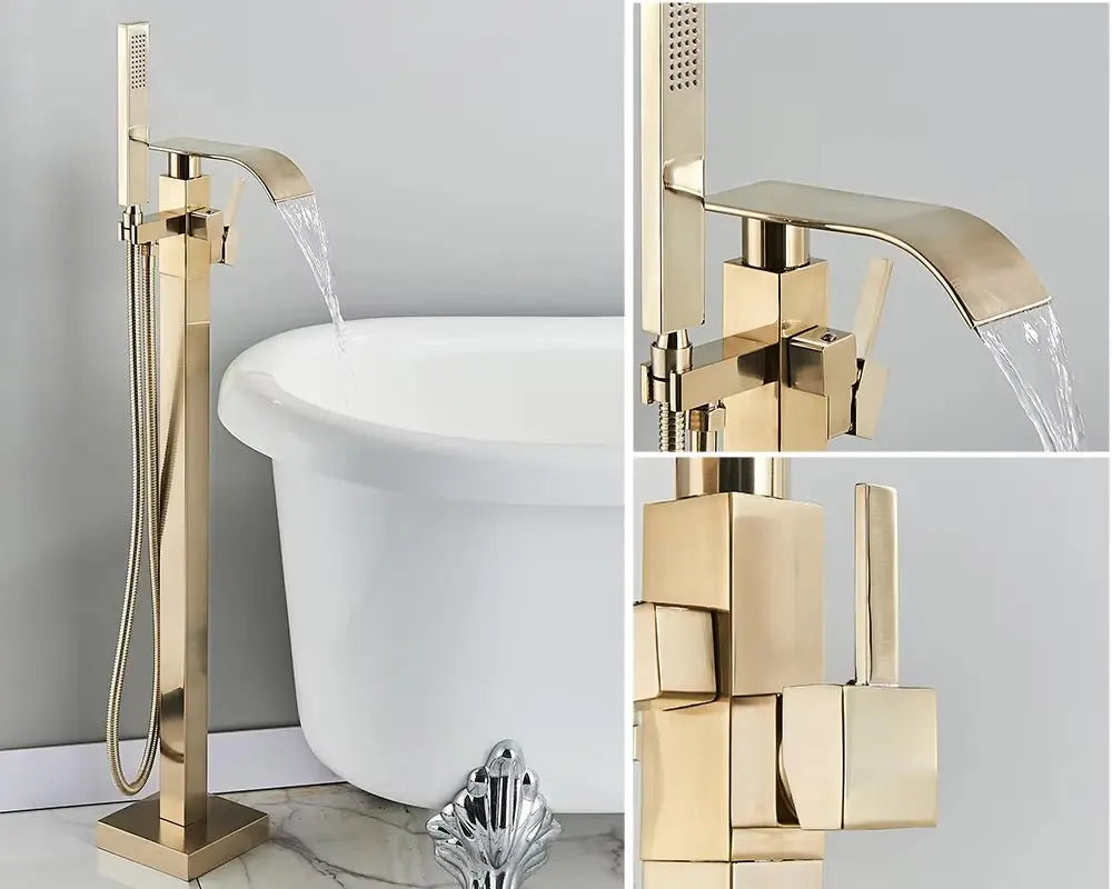 SaniSupreme® Badkraan Luca vrijstaand model met handdouche goud geborsteld