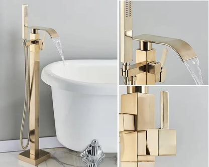 SaniSupreme® Badkraan Luca vrijstaand model met handdouche goud geborsteld