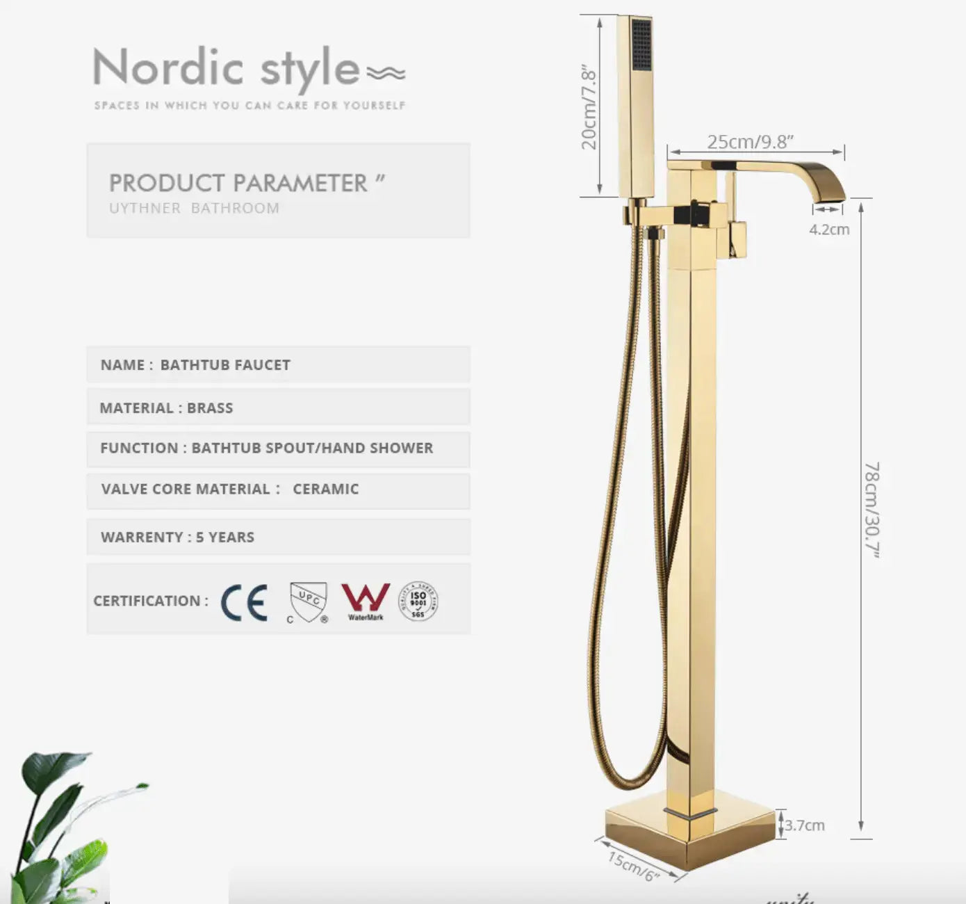 SaniSupreme® Badkraan Luca vrijstaand model met handdouche goud geborsteld