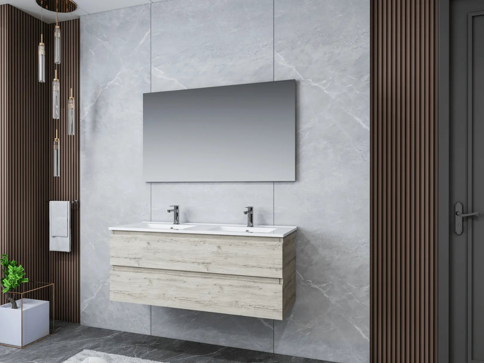 SaniSupreme® Badmeubel Monaco 120 Licht Hout keramische dubbele wastafel wit