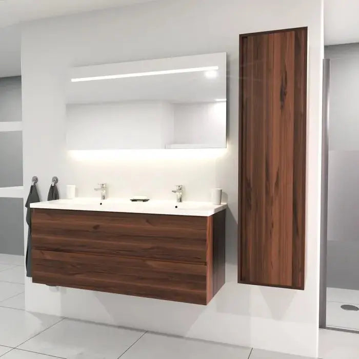 SaniSupreme® Badmeubel Salou 120 Donker Eiken dubbele wastafel keramisch wit