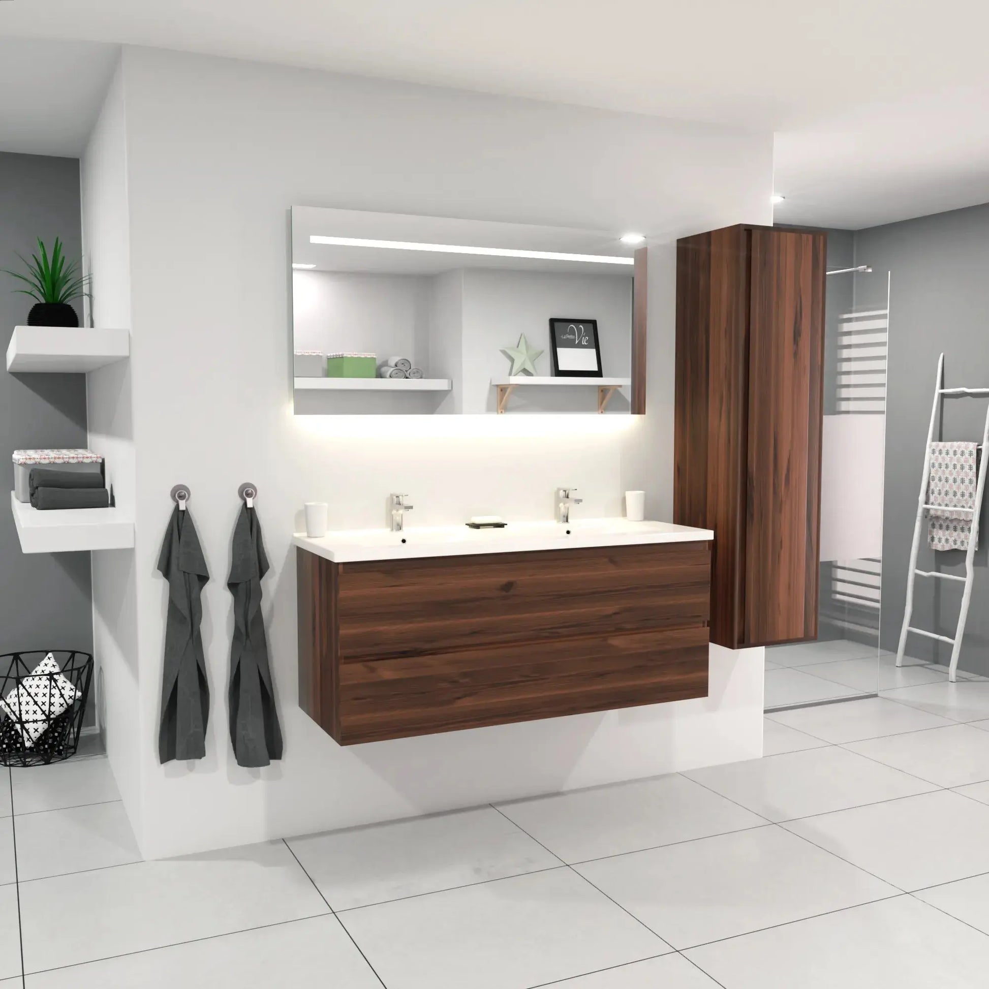 SaniSupreme® Badmeubel Salou 120 Donker Eiken dubbele wastafel keramisch wit