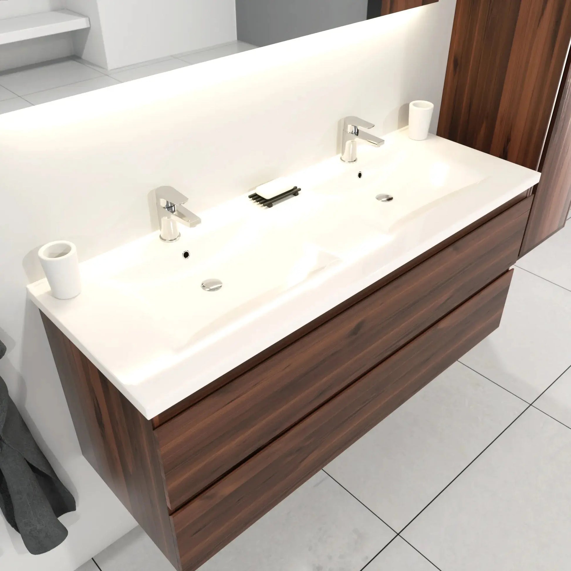 SaniSupreme® Badmeubel Salou 120 Donker Eiken dubbele wastafel keramisch wit