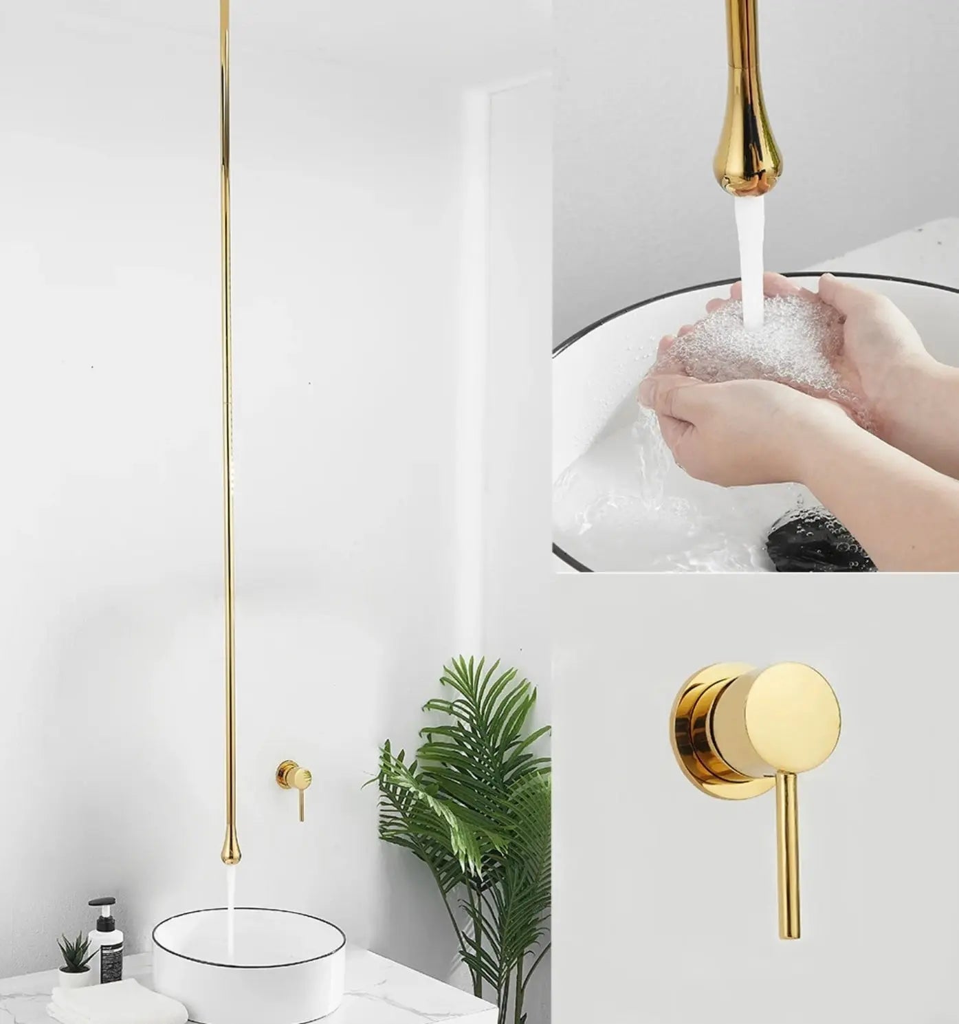 Sanisupreme Biarritz Classico Premium Wastafelkraan zwevend plafond - inbouw met wandbediening goud glans