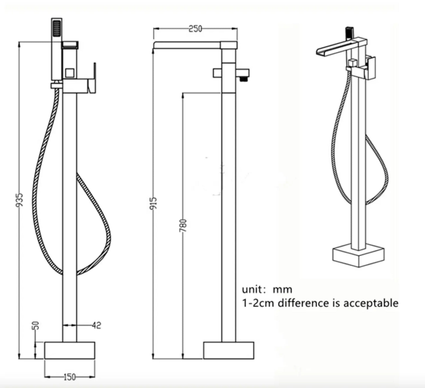 SaniSupreme® BlackLine Badkraan Bern vrijstaand model met handdouche mat zwart