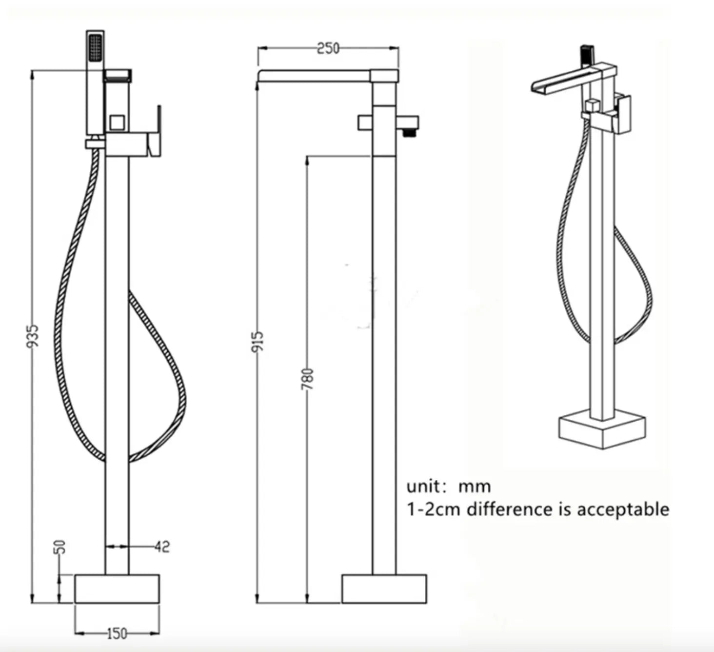 SaniSupreme® BlackLine Badkraan Bern vrijstaand model met handdouche mat zwart