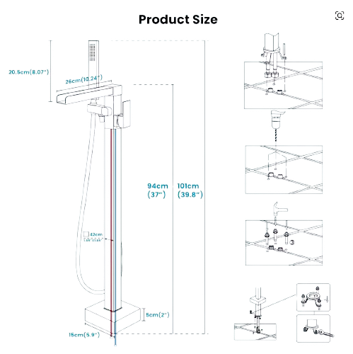 SaniSupreme® BlackLine Badkraan Bern vrijstaand model met handdouche mat zwart Sanisupreme