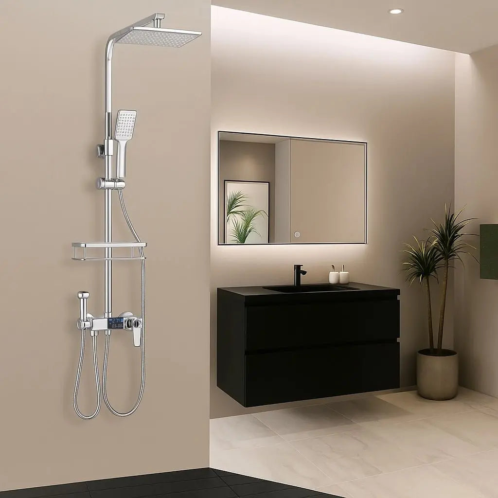 SaniSupreme Bolzano LCD Thermostatisch opbouw doucheset 19 x 29 cm. regendouche chroom glans