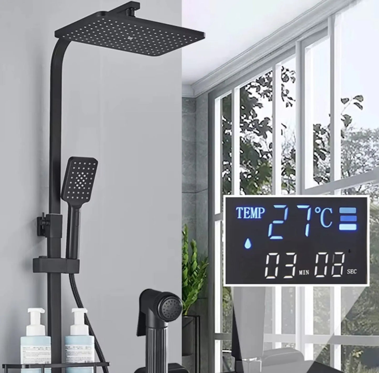 SaniSupreme Bolzano LCD Thermostatisch opbouw doucheset 19 x 29 cm. regendouche mat zwart