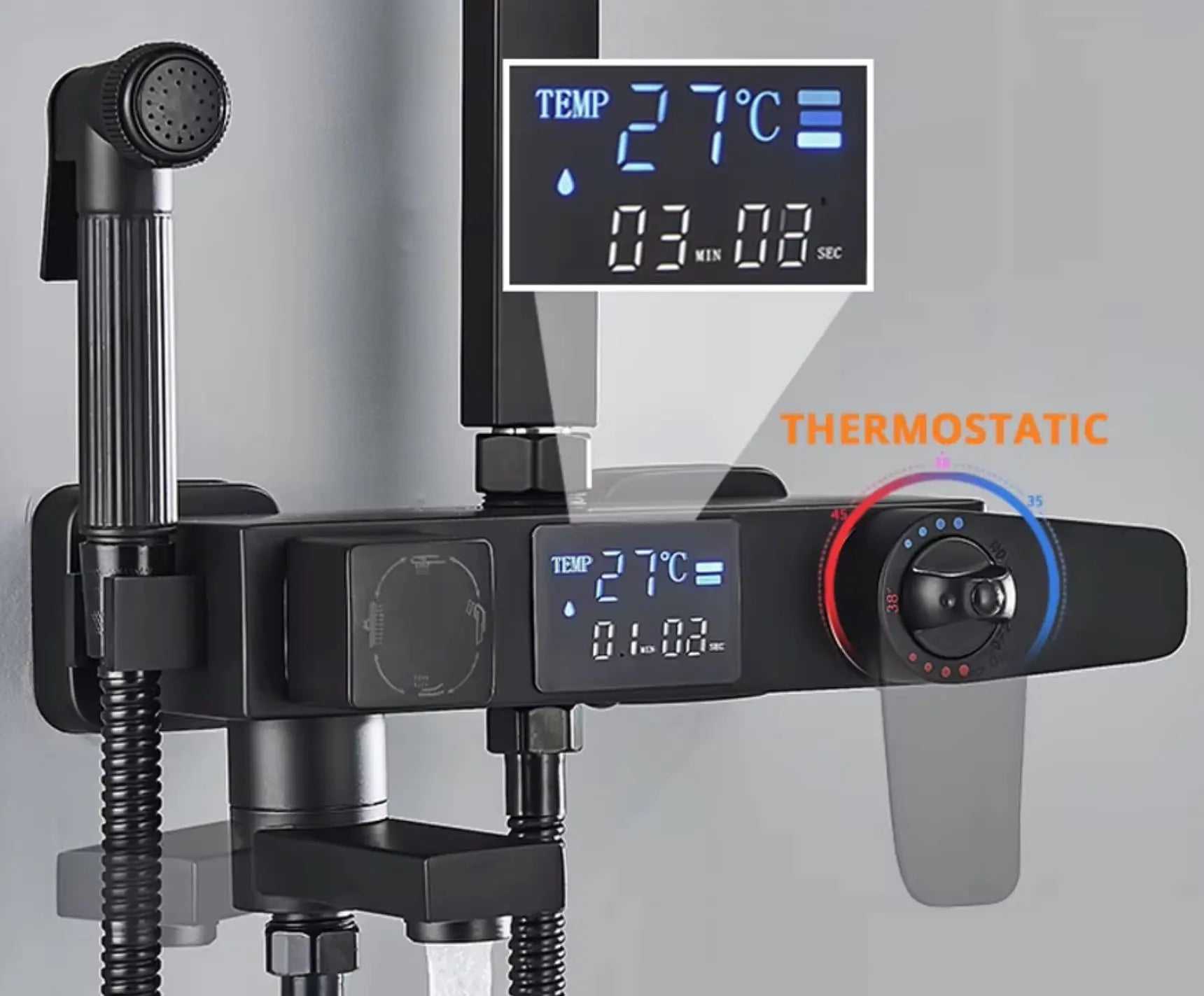 SaniSupreme Bolzano LCD Thermostatisch opbouw doucheset 19 x 29 cm. regendouche mat zwart