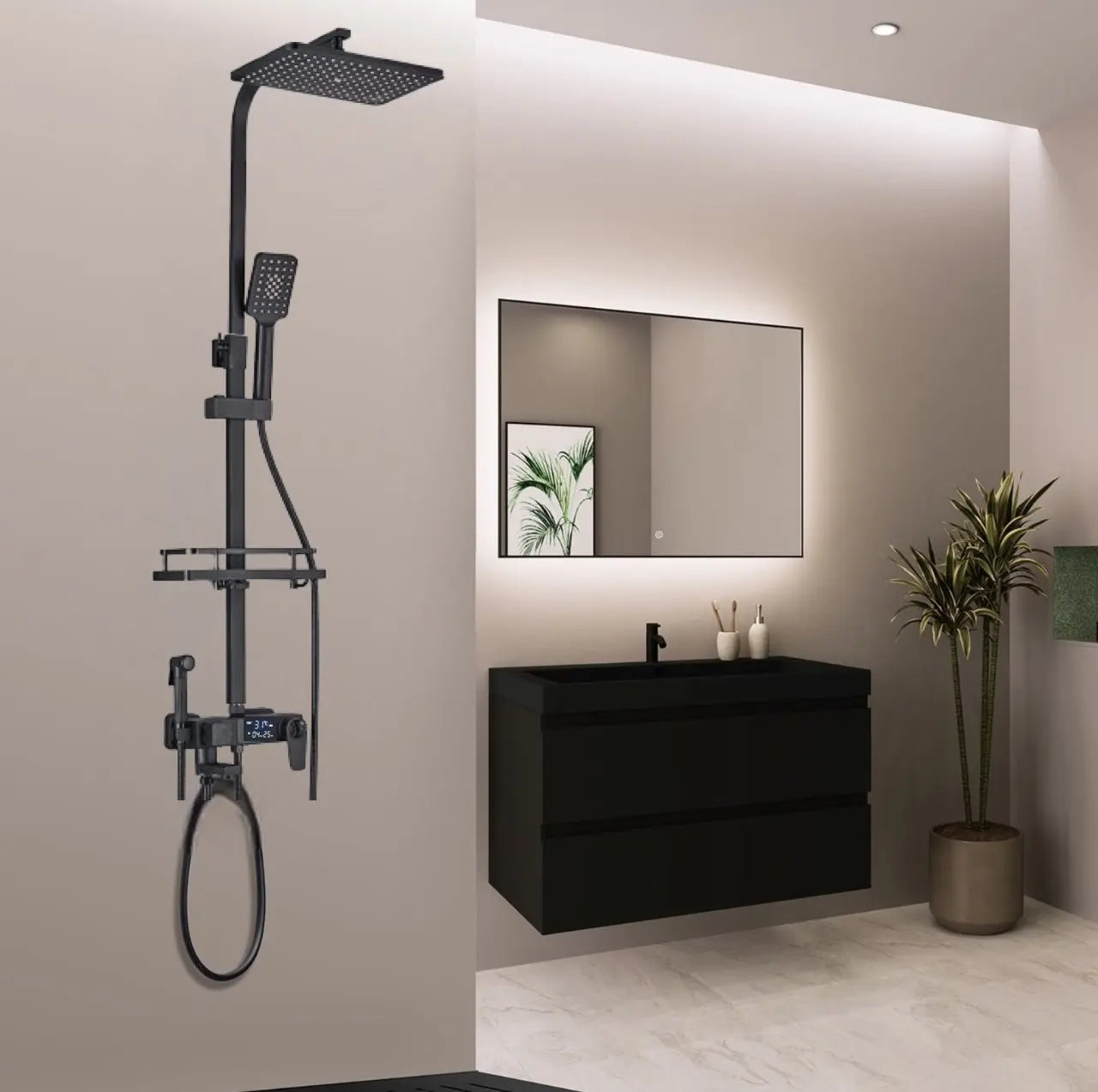 SaniSupreme Bolzano LCD Thermostatisch opbouw doucheset 19 x 29 cm. regendouche mat zwart