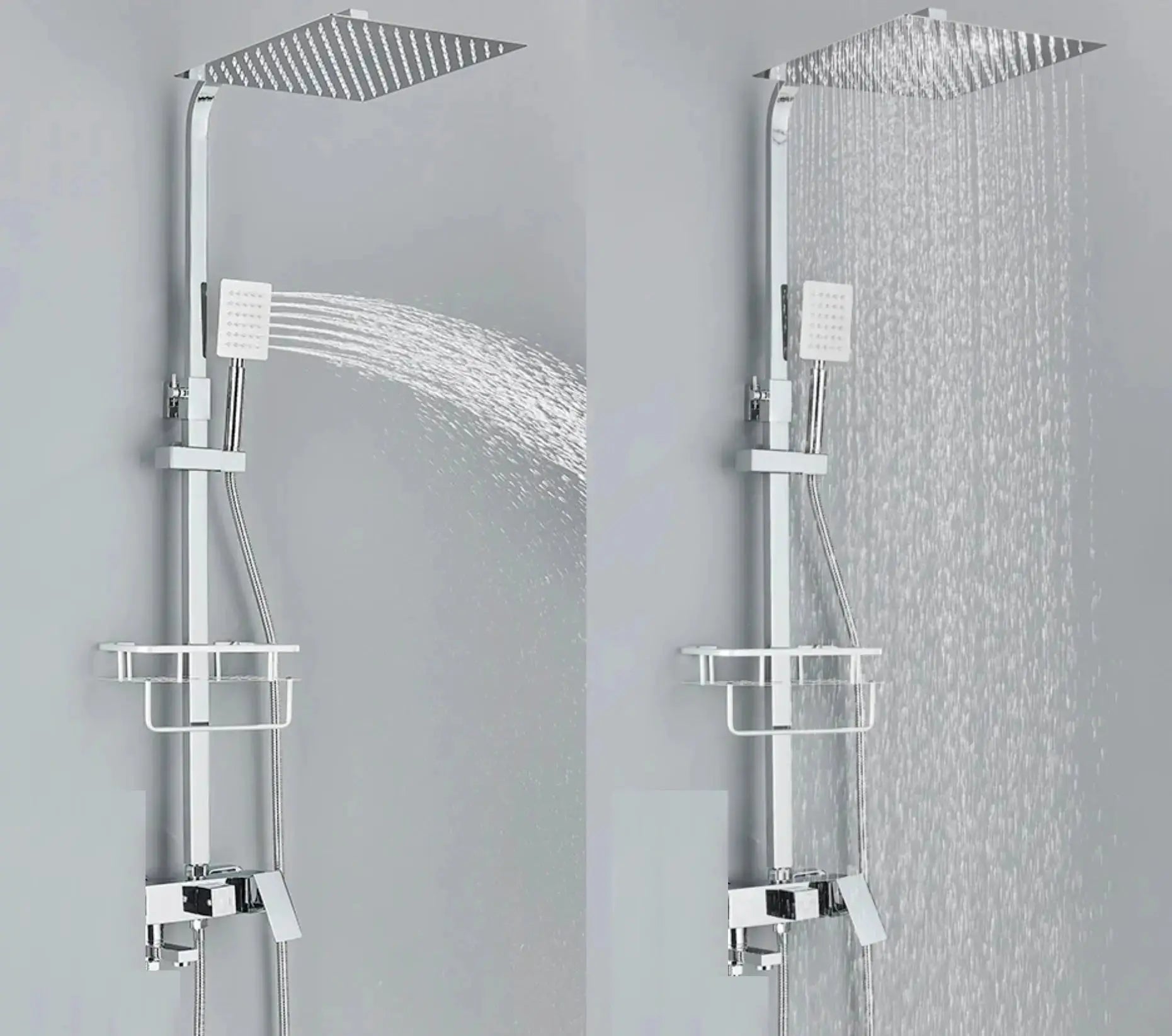 SaniSupreme California opbouw bad doucheset met baduitloop 3 weg 30 cm. regendouche chroom vierkant