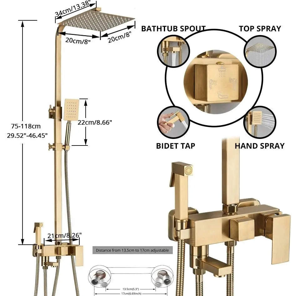 SaniSupreme California opbouw bad doucheset met baduitloop 4 weg 20 cm. regendouche goud brushed vierkant