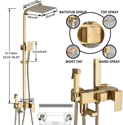SaniSupreme California opbouw bad doucheset met baduitloop 4 weg 20 cm. regendouche goud brushed vierkant