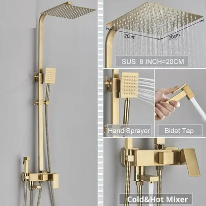 SaniSupreme California opbouw bad doucheset met baduitloop 4 weg 20 cm. regendouche goud brushed vierkant