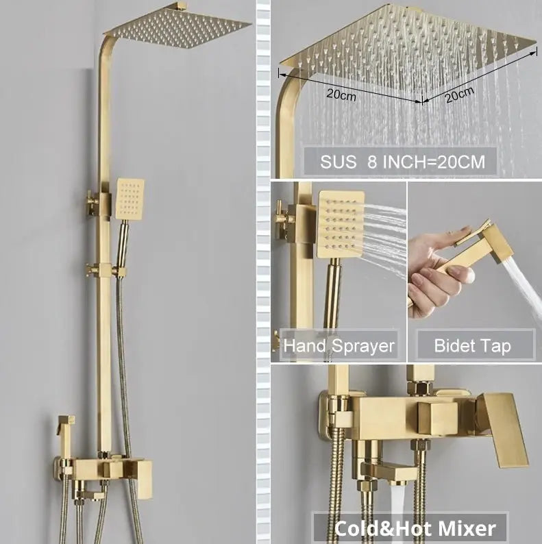 SaniSupreme California opbouw bad doucheset met baduitloop 4 weg 20 cm. regendouche goud brushed vierkant