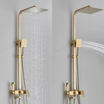 SaniSupreme California opbouw bad doucheset met baduitloop 4 weg 20 cm. regendouche goud brushed vierkant