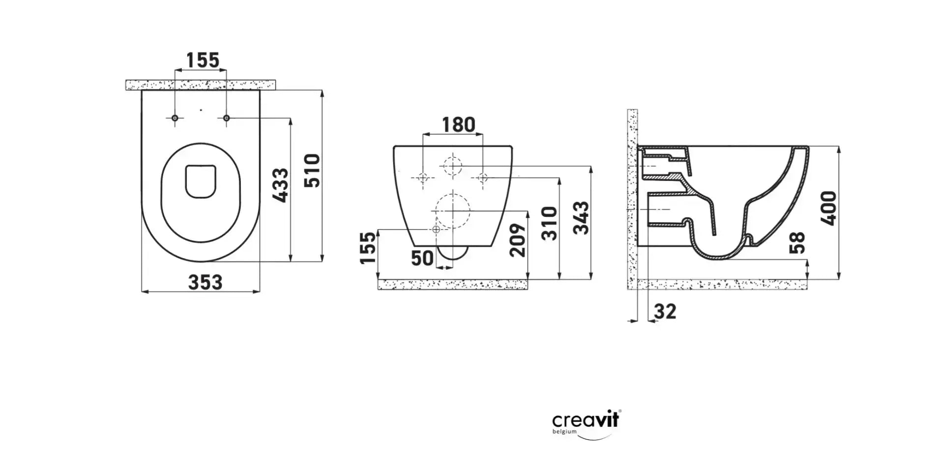 SaniSupreme Creavit Pro Series wandcloset toilet wc Spoelrandloos excl. softclose zitting 51 x 35 cm x 34 cm Mat Zwart