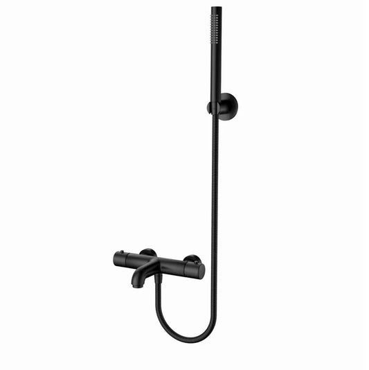 SaniSupreme doucheset badset opbouw thermostatische badmengkraan 2 weg met ronde handdouche en wandbeugel mat zwart