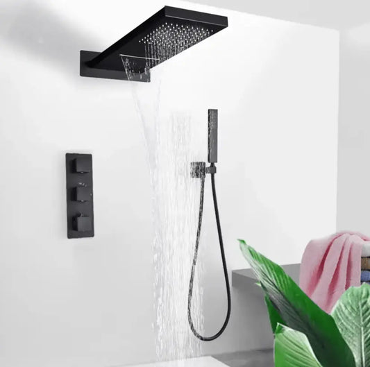 SaniSupreme Doucheset BlackLine Wellness regendouche en waterval vierkant 3 - weg zwart inbouw