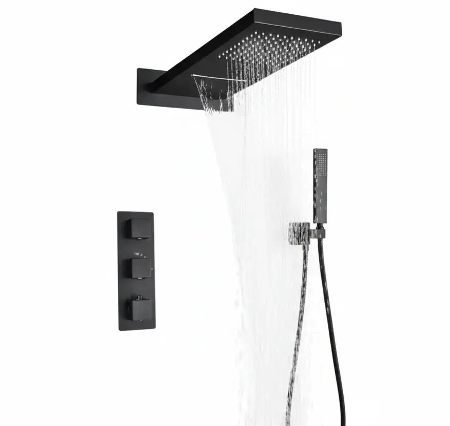 SaniSupreme Doucheset BlackLine Wellness  regendouche en waterval  vierkant 3-weg zwart inbouw Sanisupreme