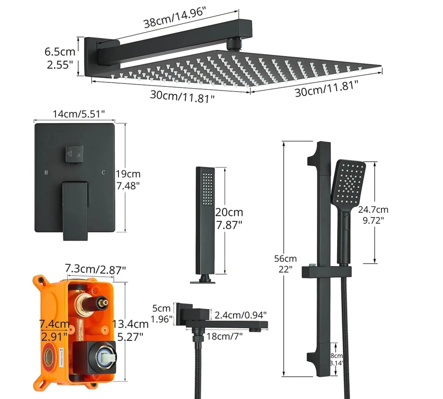 SaniSupreme Doucheset Firenze 16 inch - 40 cm. regendouche vierkant 3 - weg zwart inbouw