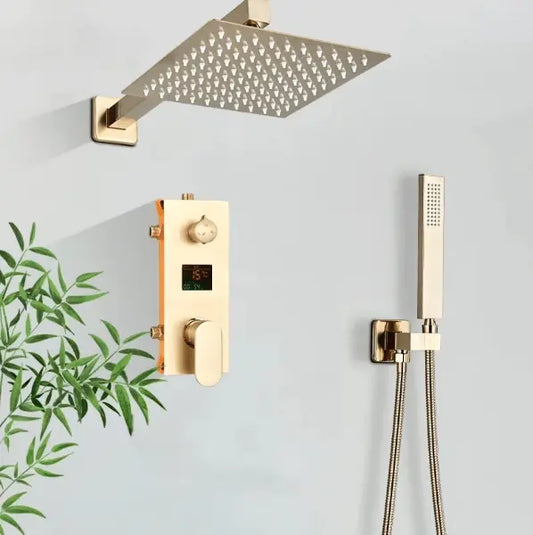 SaniSupreme Doucheset Manhattan Premium de Luxe LCD 12 inch regendouche vierkant 2 - weg Geborsteld Goud