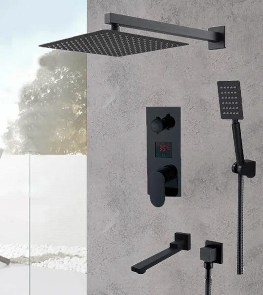 SaniSupreme Doucheset Manhattan Premium de Luxe LCD 12 inch regendouche vierkant 3 - weg zwart inbouw