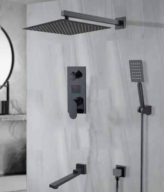 SaniSupreme Doucheset Manhattan Premium de Luxe LCD 12 inch regendouche vierkant 3 - weg zwart inbouw