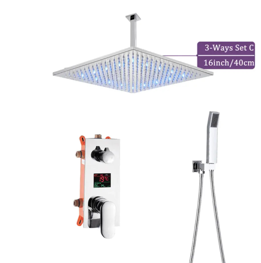 SaniSupreme Doucheset Manhattan Premium de Luxe LCD 16 inch LED Plafond regendouche vierkant 2 - weg chroom inbouw