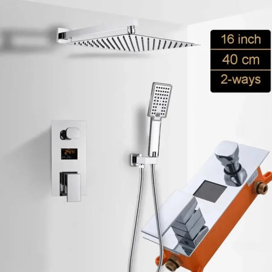 SaniSupreme Doucheset Manhattan Premium de Luxe LCD 16 inch Plafond regendouche vierkant 2 - weg chroom inbouw