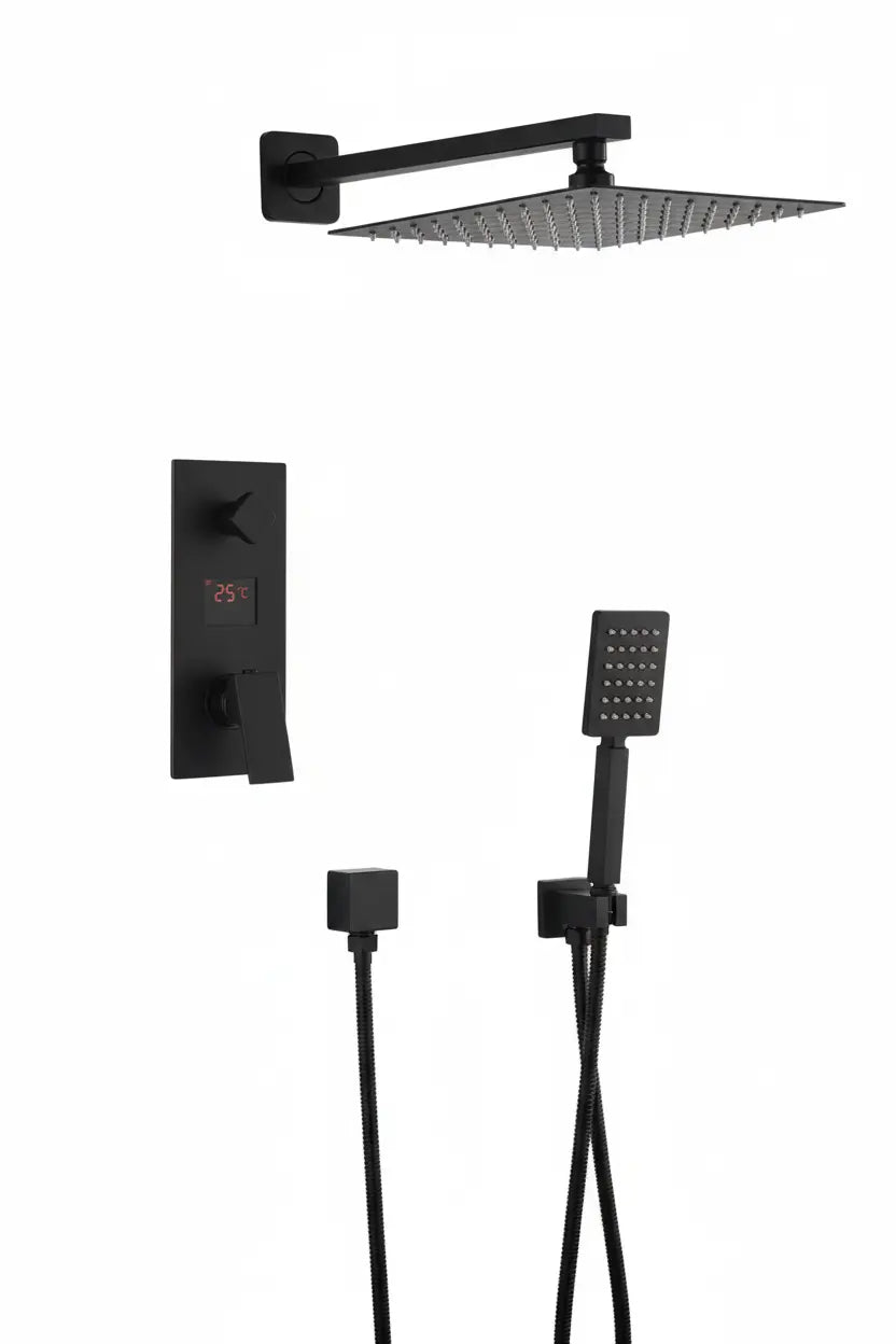 SaniSupreme Doucheset Manhattan Premium de Luxe LCD 30 cm. regendouche vierkant 2-weg zwart inbouw Sanisupreme