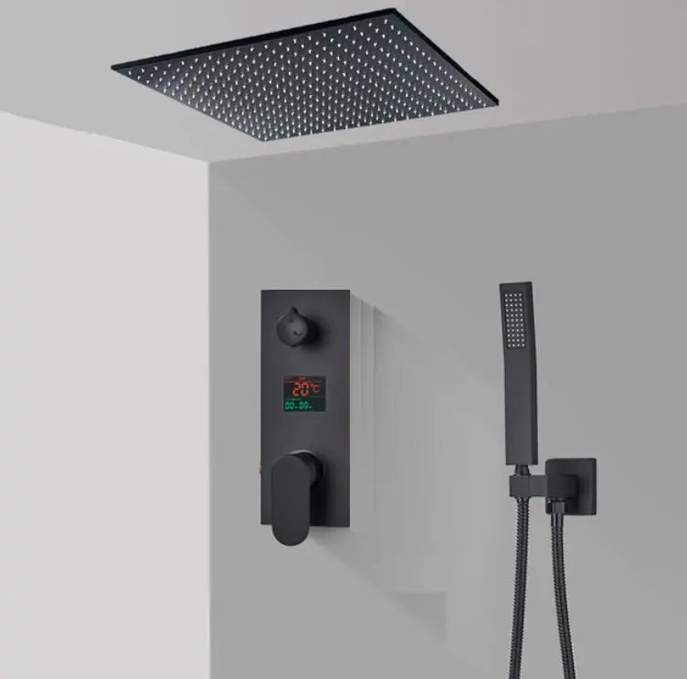 SaniSupreme Doucheset Manhattan Premium de Luxe LCD 20 inch | 50 cm plafond regendouche vierkant 2 - weg zwart inbouw