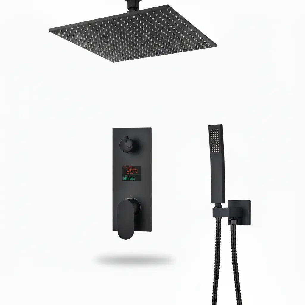 SaniSupreme Doucheset Manhattan Premium de Luxe LCD 50 cm plafond regendouche vierkant 2-weg zwart inbouw Sanisupreme