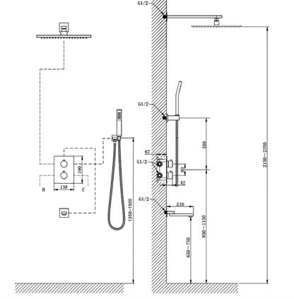 SaniSupreme Doucheset Manhattan Premium de Luxe LCD 25 cm regendouche vierkant 3 - weg zwart inbouw