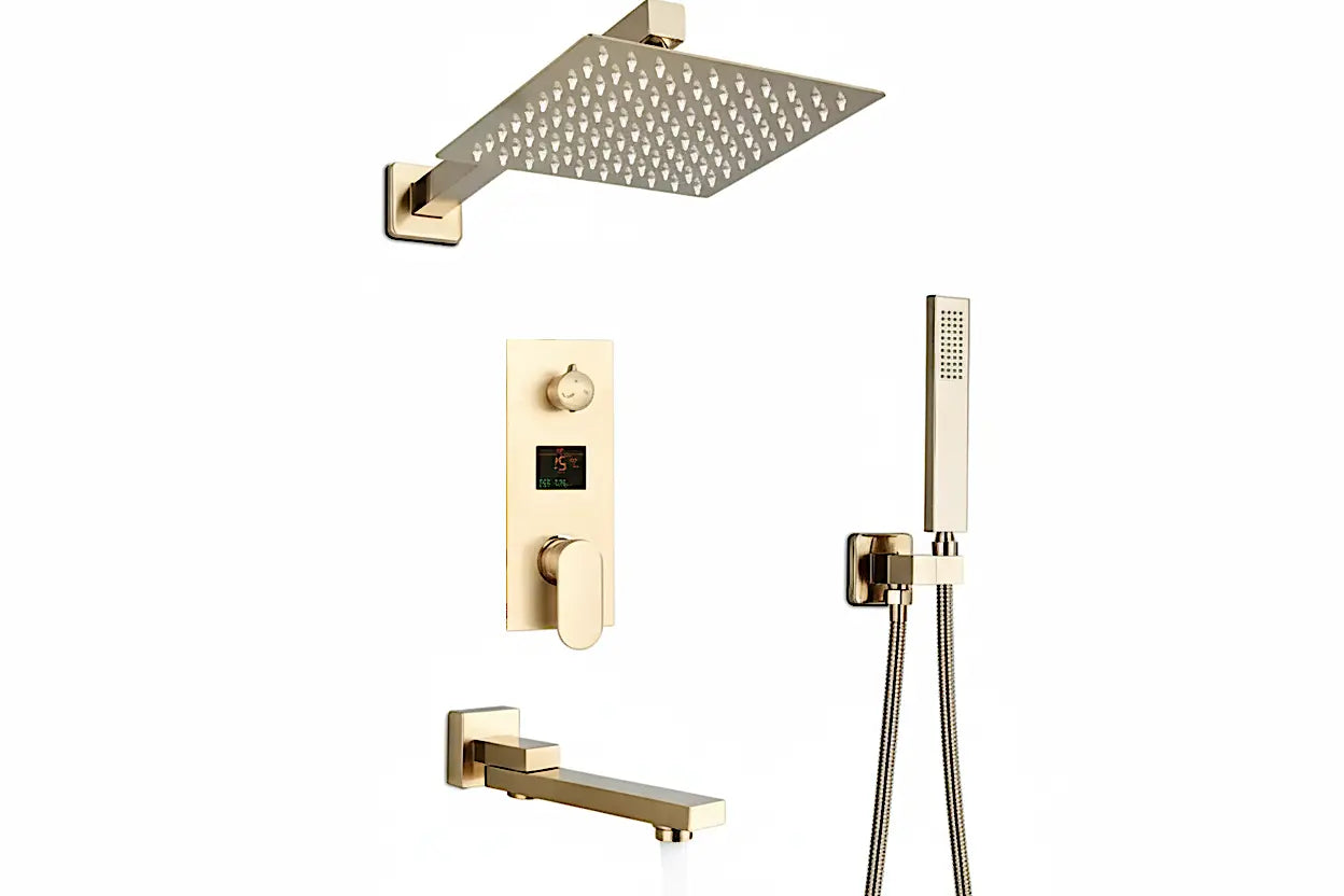 SaniSupreme Doucheset Manhattan Premium de Luxe LCD 40 cm. regendouche vierkant 3-weg Geborsteld Goud Sanisupreme