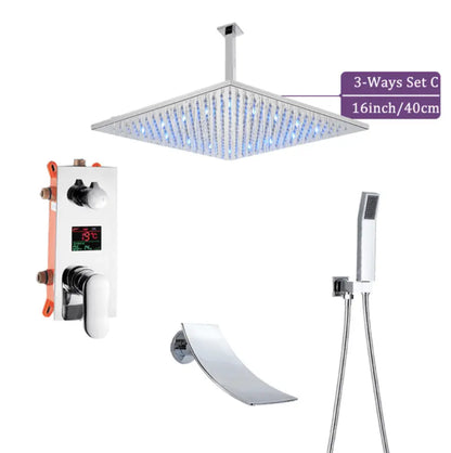 SaniSupreme Doucheset Manhattan Premium de Luxe Plafond Waterval LCD 40 cm LED regendouche vierkant 3 - weg chroom inbouw