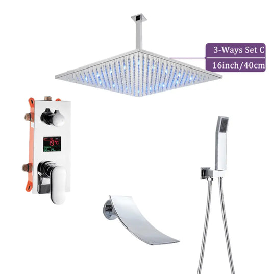 SaniSupreme Doucheset Manhattan Premium de Luxe Plafond Waterval LCD 40 cm LED regendouche vierkant 3 - weg chroom inbouw