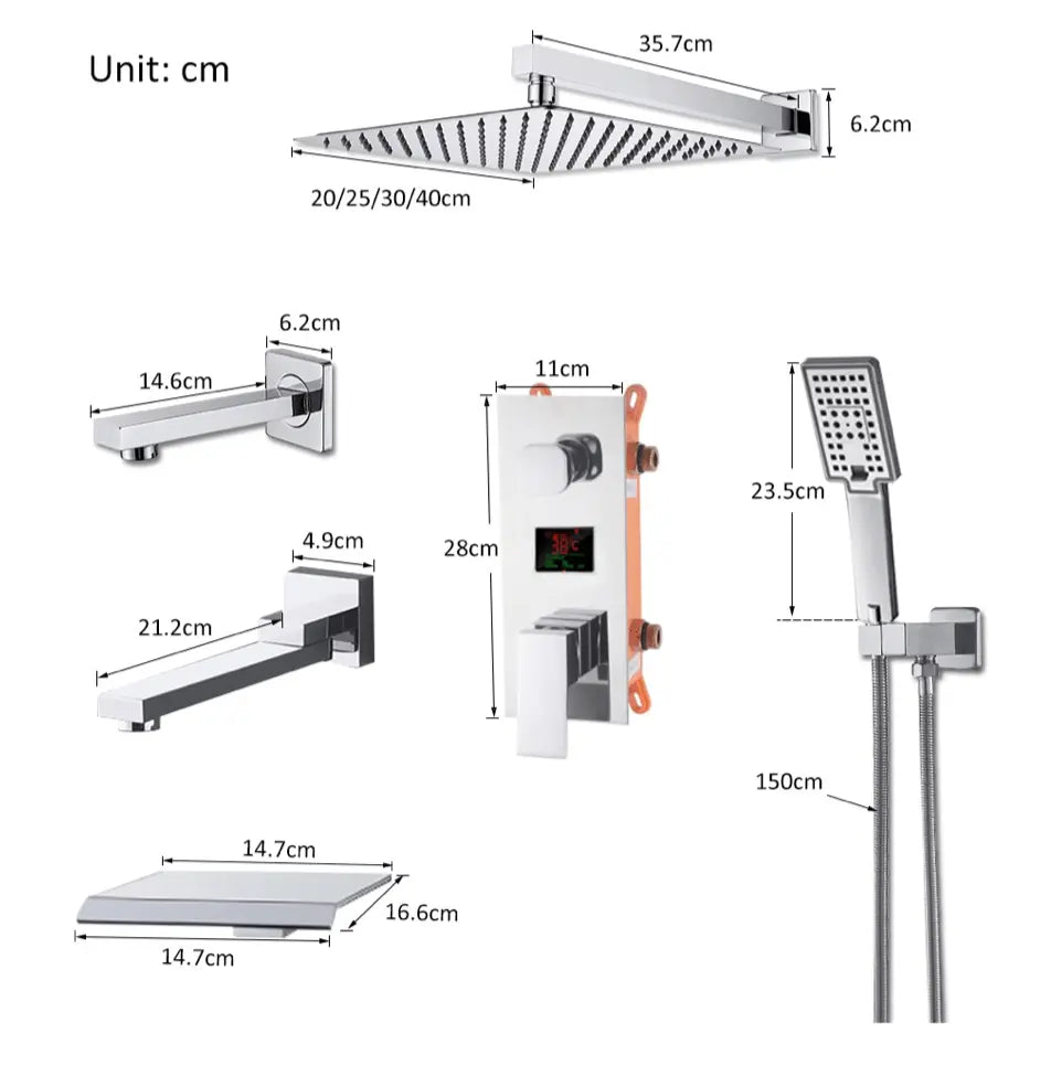 SaniSupreme Doucheset Manhattan Premium de Luxe Plafond Waterval LCD 40 cm LED regendouche vierkant 3 - weg chroom inbouw