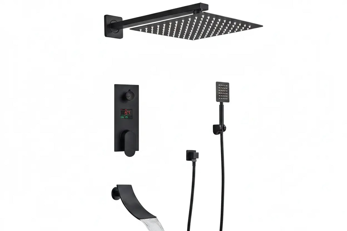 SaniSupreme Doucheset Manhattan Premium de Luxe Waterfall LCD 12 inch regendouche vierkant 3-weg zwart inbouw Sanisupreme