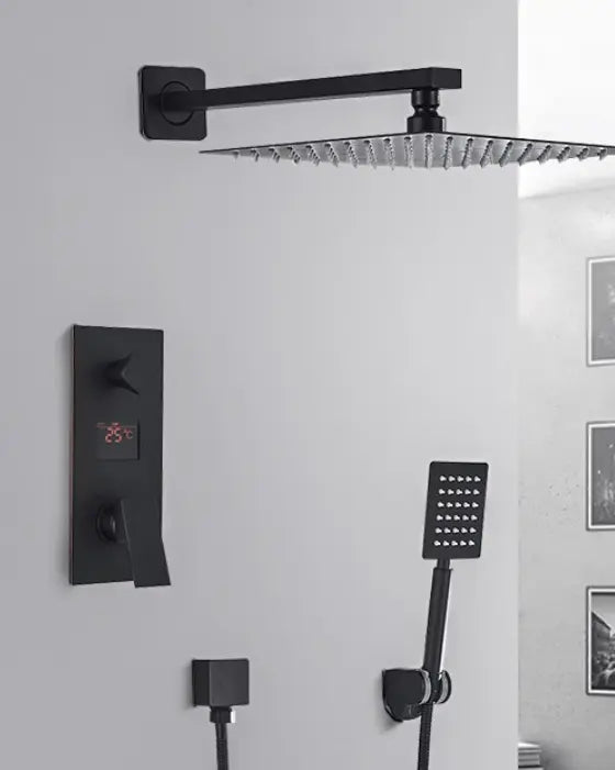 SaniSupreme Doucheset Manhattan Premium HighLine 30 cm. regendouche LED vierkant 2 - weg zwart inbouw