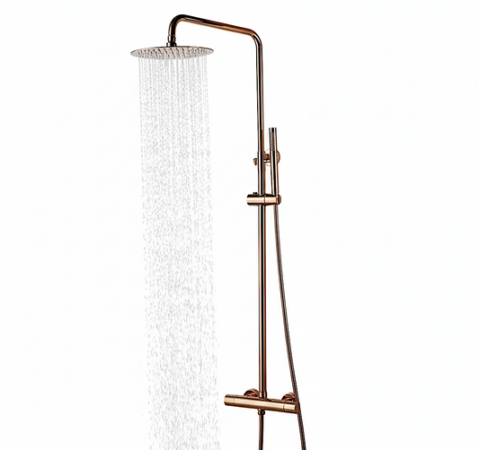 Ensemble de douche apparente SaniSupreme Florence, thermostatique, pommeau de douche effet pluie 8 pouces, cuivre brillant