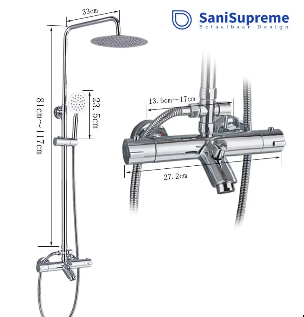 SaniSupreme Florida opbouw bad doucheset 30 cm. 3 - weg regendouche met baduitloop rond chroom