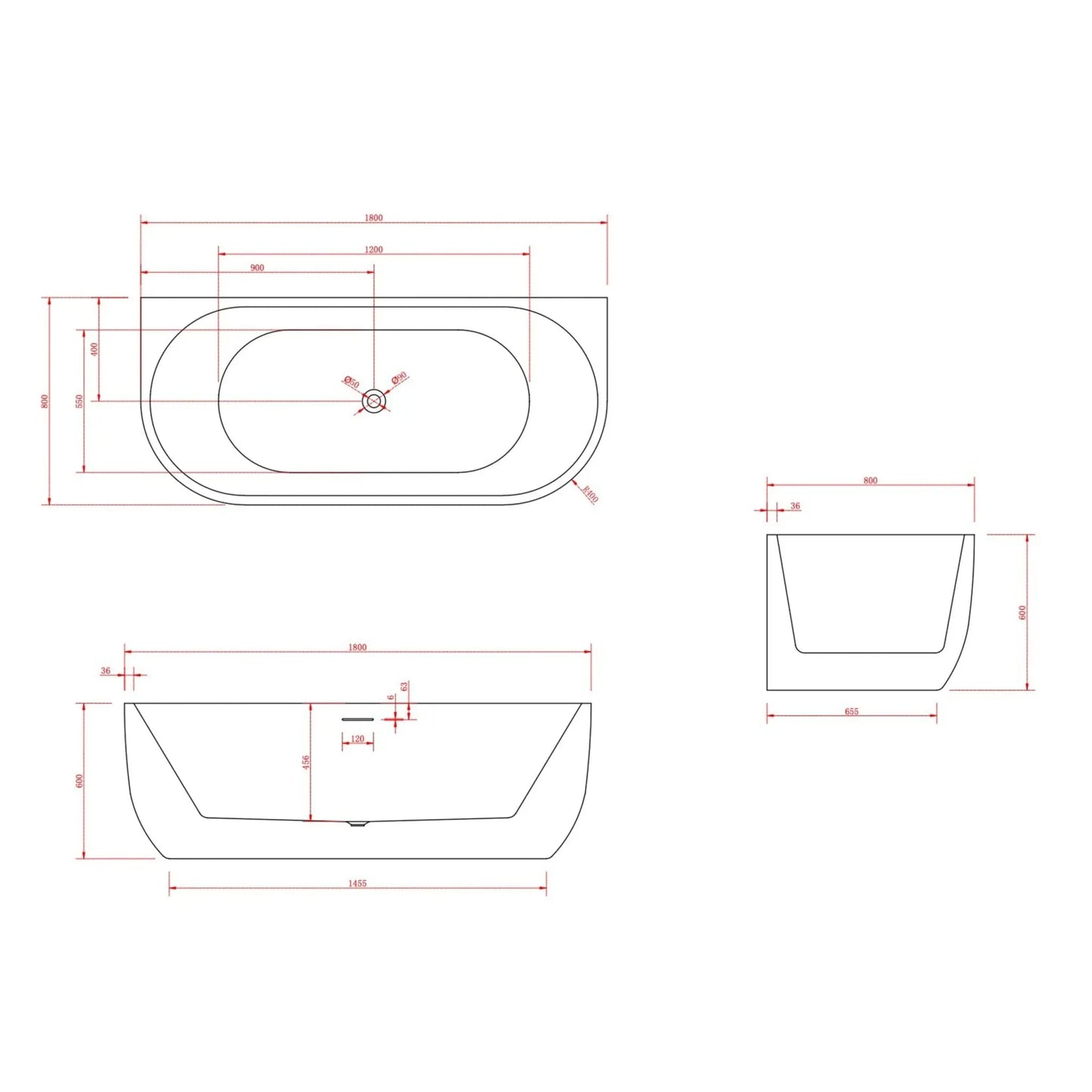 SaniSupreme half vrijstaand AquaTherme Plus met push - up acryl wit glans 180x80