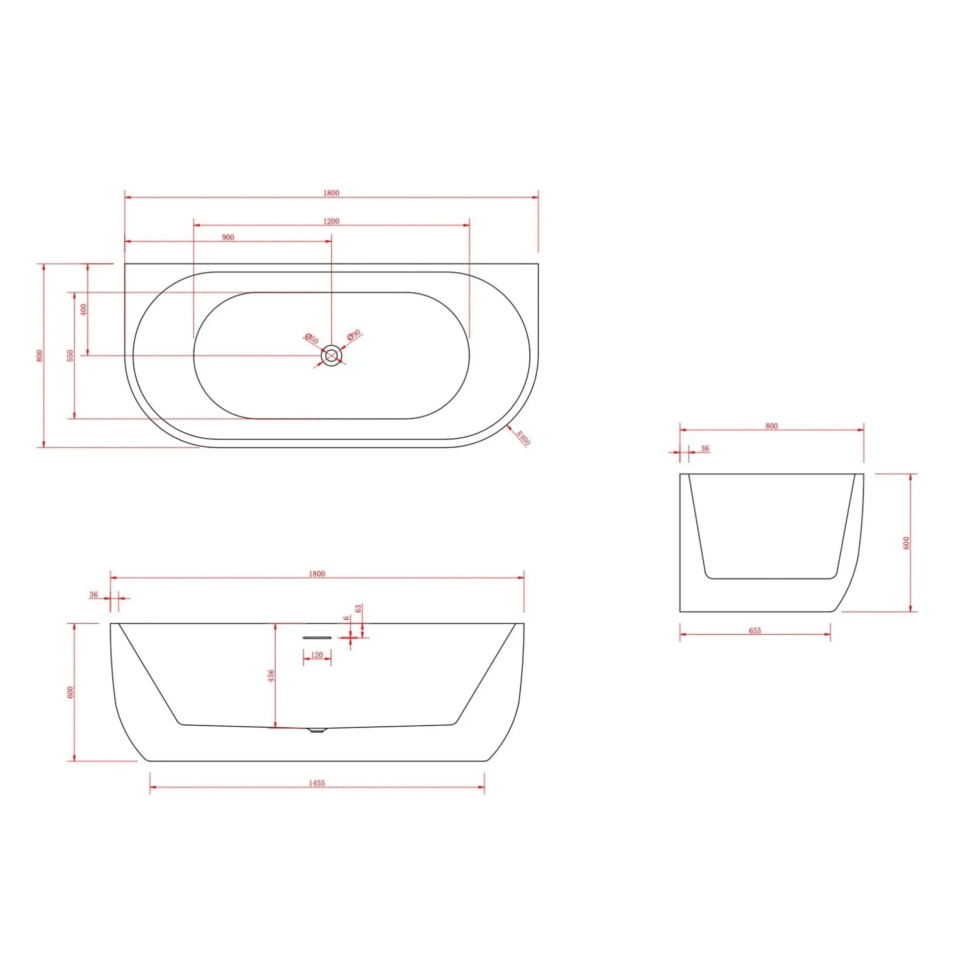 SaniSupreme half vrijstaand AquaTherme Plus met push - up acryl wit glans 180x80